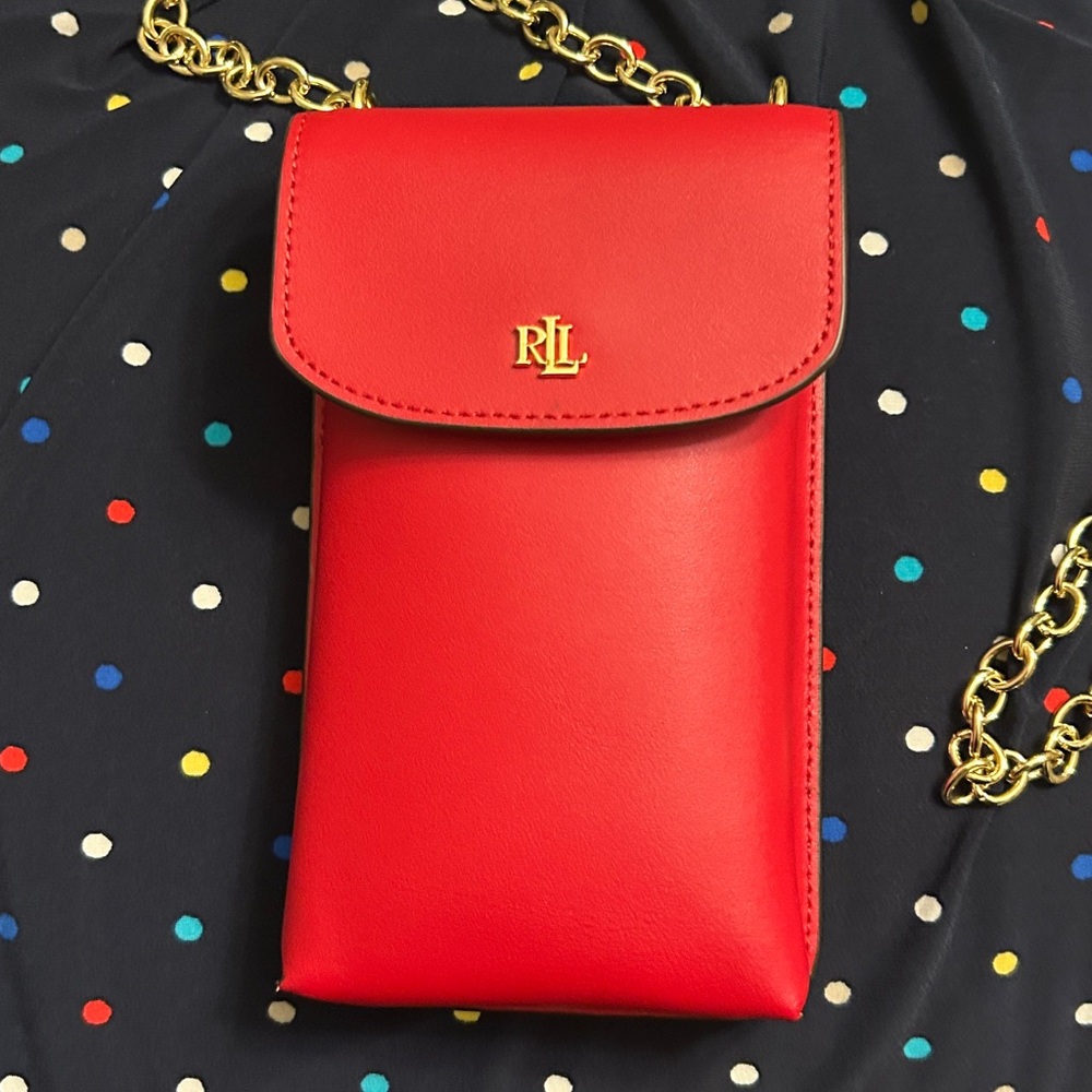 Ralph Lauren LRL Vibrant Lipstick Red Phone Bag Gold Crossbody Chain Preowned
